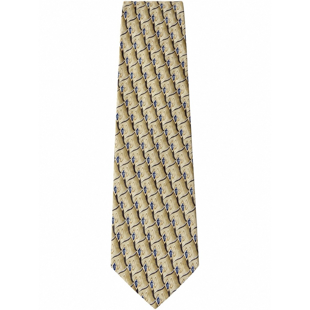 Clericci 100% Silk Tie Gold Tan Cream/Blue Geometric 59” x 4” Wide Mens Necktie